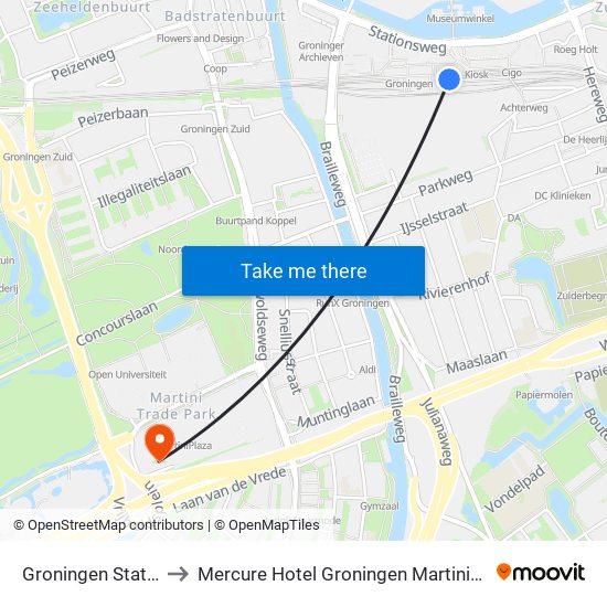 Groningen Station to Mercure Hotel Groningen Martiniplaza map