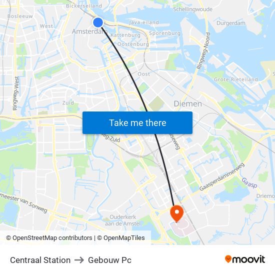 Centraal Station to Gebouw Pc map