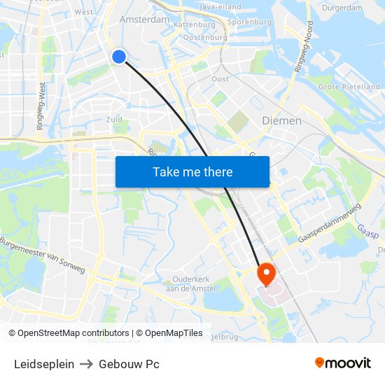 Leidseplein to Gebouw Pc map