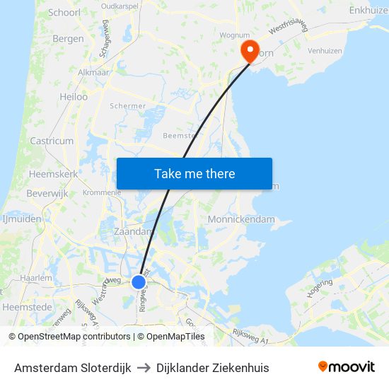 Amsterdam Sloterdijk to Dijklander Ziekenhuis map