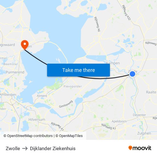 Zwolle to Dijklander Ziekenhuis map