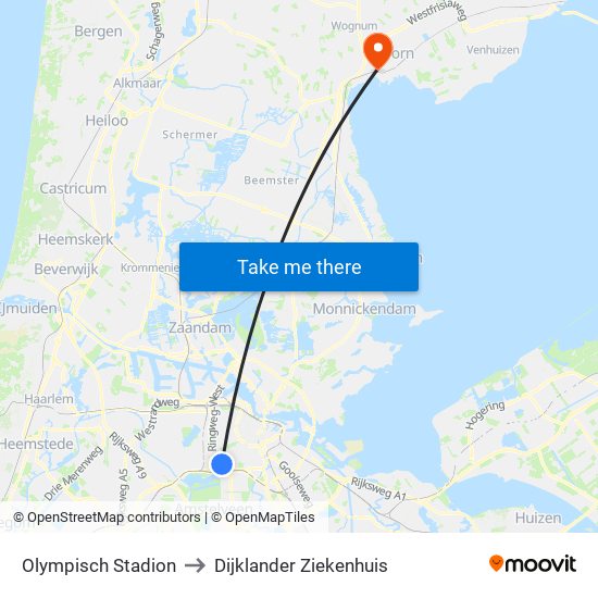 Olympisch Stadion to Dijklander Ziekenhuis map