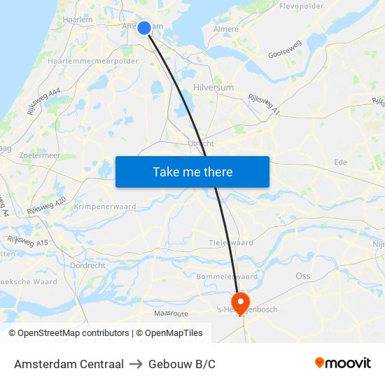 Amsterdam Centraal to Gebouw B/C map