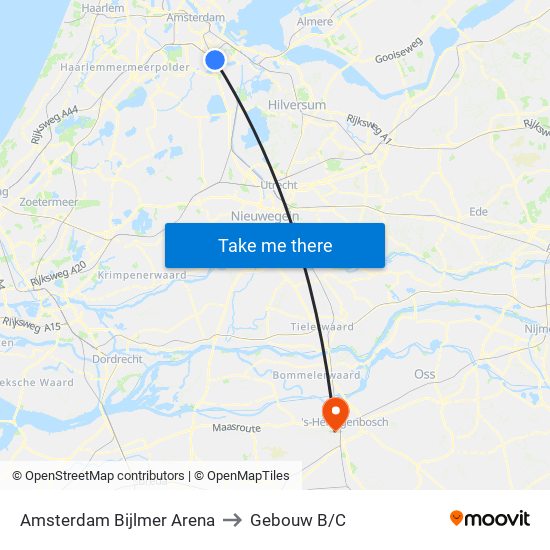 Amsterdam Bijlmer Arena to Gebouw B/C map