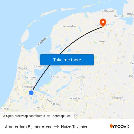 Amsterdam Bijlmer Arena to Huize Tavenier map