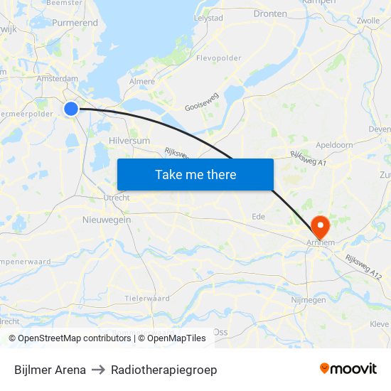 Bijlmer Arena to Radiotherapiegroep map