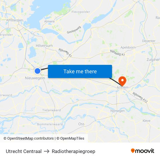 Utrecht Centraal to Radiotherapiegroep map