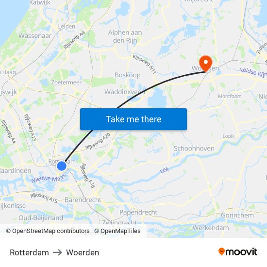 Rotterdam to Woerden map