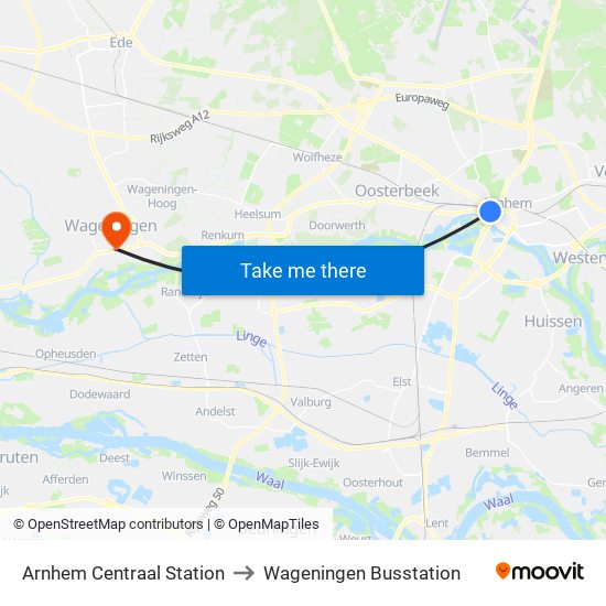 Arnhem Centraal Station to Wageningen Busstation map