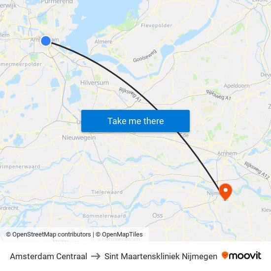 Amsterdam Centraal to Sint Maartenskliniek Nijmegen map