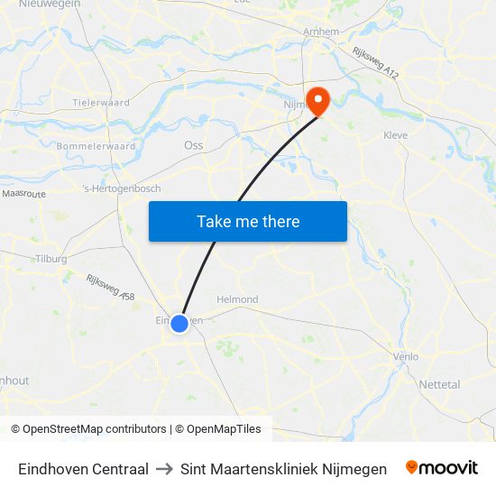 Eindhoven Centraal to Sint Maartenskliniek Nijmegen map