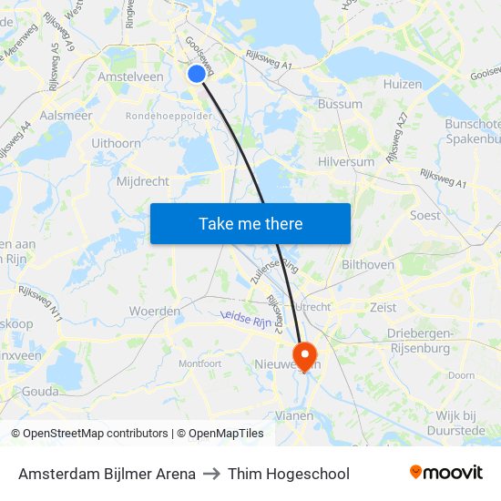 Amsterdam Bijlmer Arena to Thim Hogeschool map