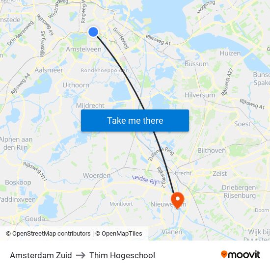 Amsterdam Zuid to Thim Hogeschool map