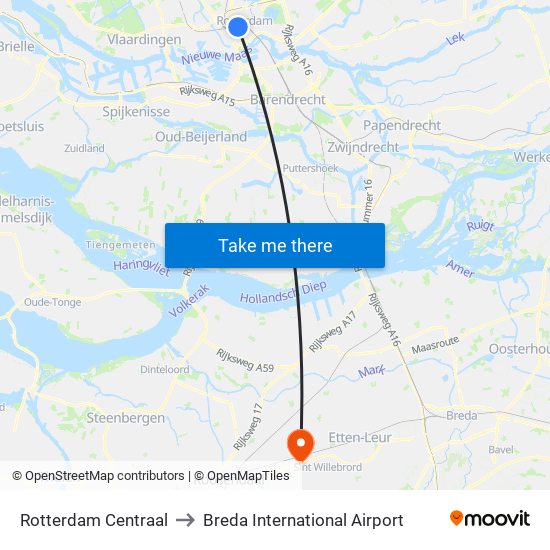 Rotterdam Centraal to Breda International Airport map