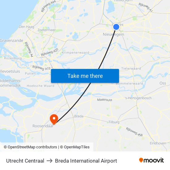 Utrecht Centraal to Breda International Airport map