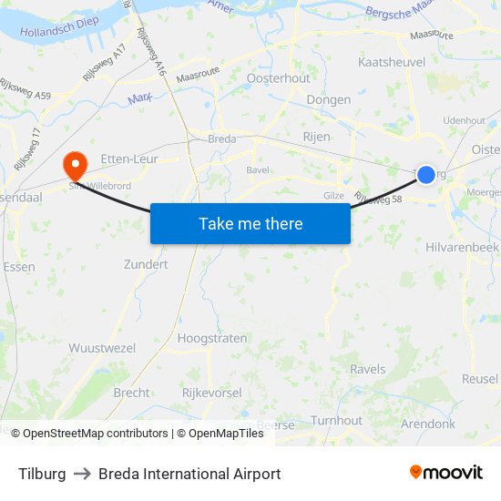 Tilburg to Breda International Airport map