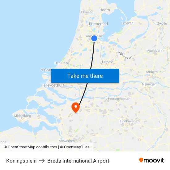 Koningsplein to Breda International Airport map