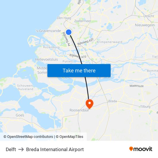 Delft to Breda International Airport map