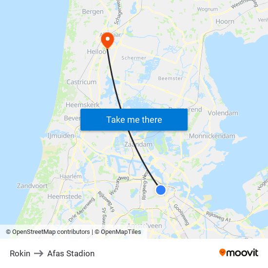 Rokin to Afas Stadion map