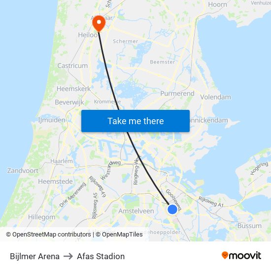 Bijlmer Arena to Afas Stadion map