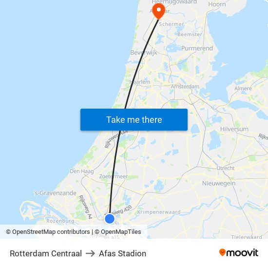 Rotterdam Centraal to Afas Stadion map