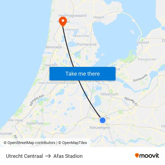 Utrecht Centraal to Afas Stadion map