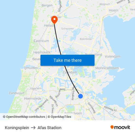 Koningsplein to Afas Stadion map