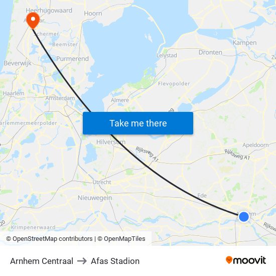 Arnhem Centraal to Afas Stadion map