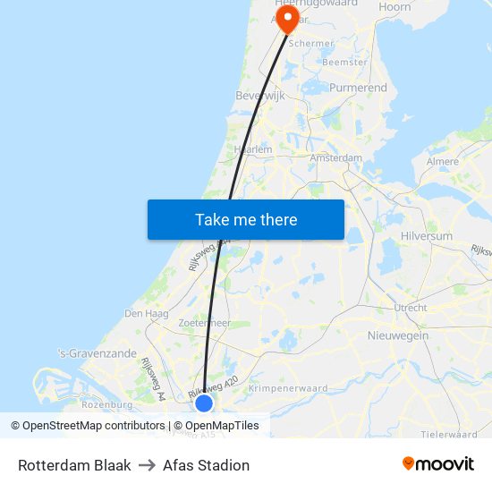 Rotterdam Blaak to Afas Stadion map