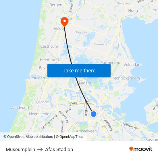 Museumplein to Afas Stadion map