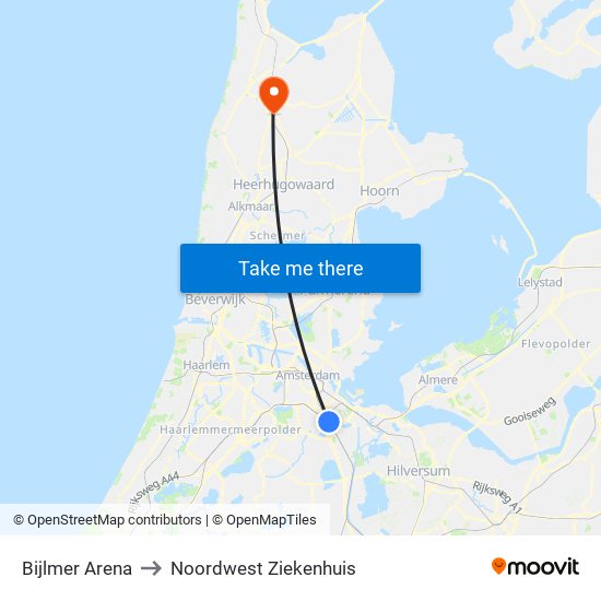 Bijlmer Arena to Noordwest Ziekenhuis map