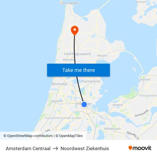 Amsterdam Centraal to Noordwest Ziekenhuis map