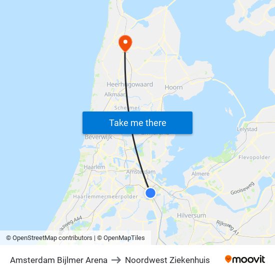 Amsterdam Bijlmer Arena to Noordwest Ziekenhuis map