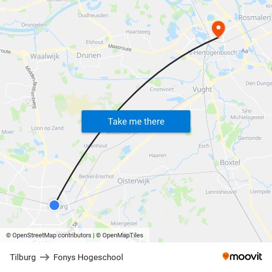 Tilburg to Fonys Hogeschool map