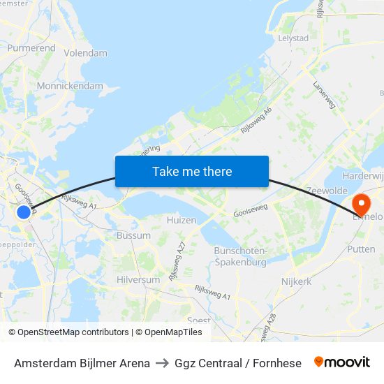 Amsterdam Bijlmer Arena to Ggz Centraal / Fornhese map