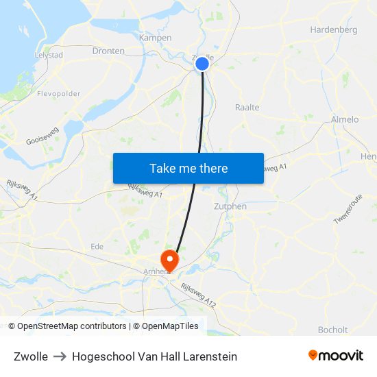 Zwolle to Hogeschool Van Hall Larenstein map