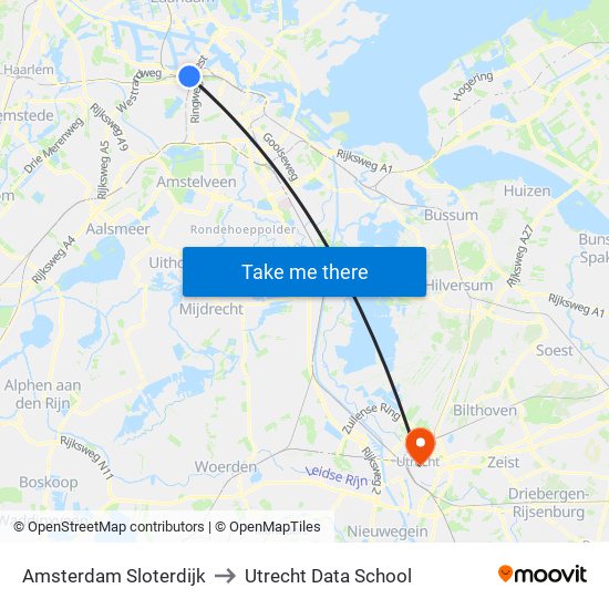 Amsterdam Sloterdijk to Utrecht Data School map