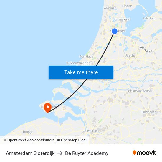 Amsterdam Sloterdijk to De Ruyter Academy map