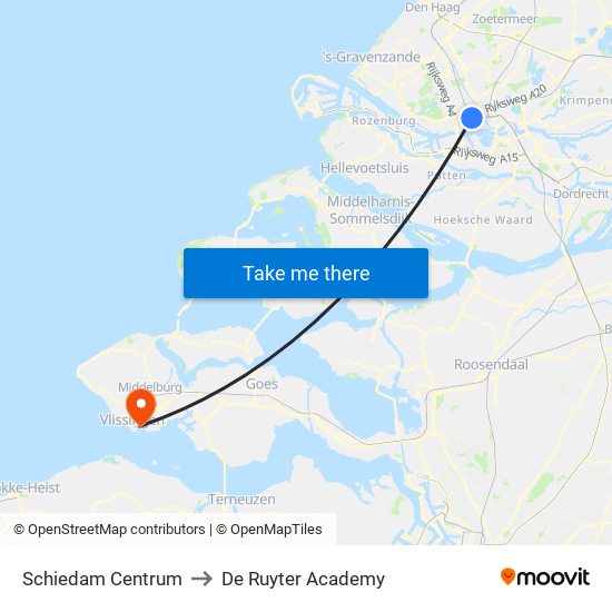 Schiedam Centrum to De Ruyter Academy map