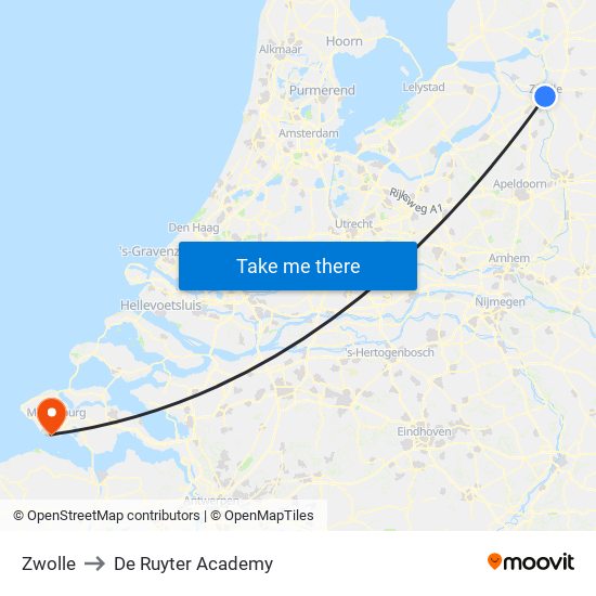 Zwolle to De Ruyter Academy map