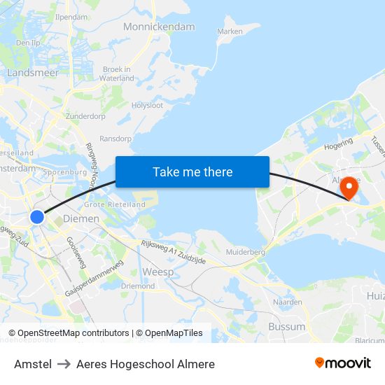 Amstel to Aeres Hogeschool Almere map