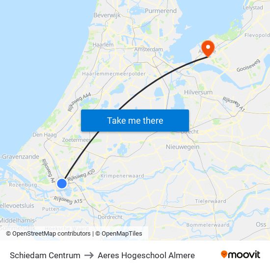 Schiedam Centrum to Aeres Hogeschool Almere map