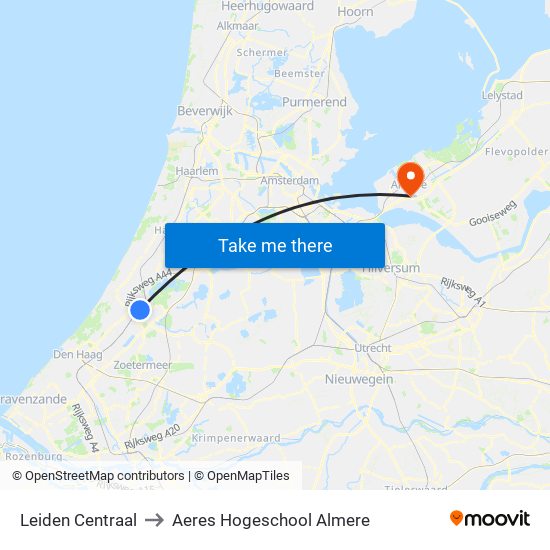 Leiden Centraal to Aeres Hogeschool Almere map