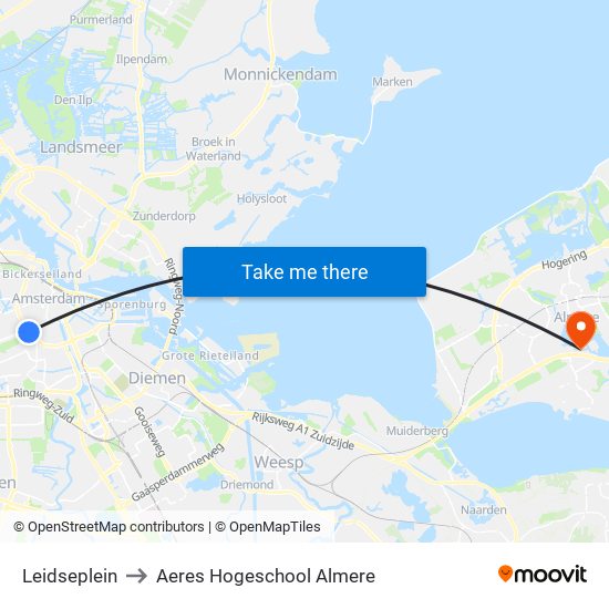 Leidseplein to Aeres Hogeschool Almere map