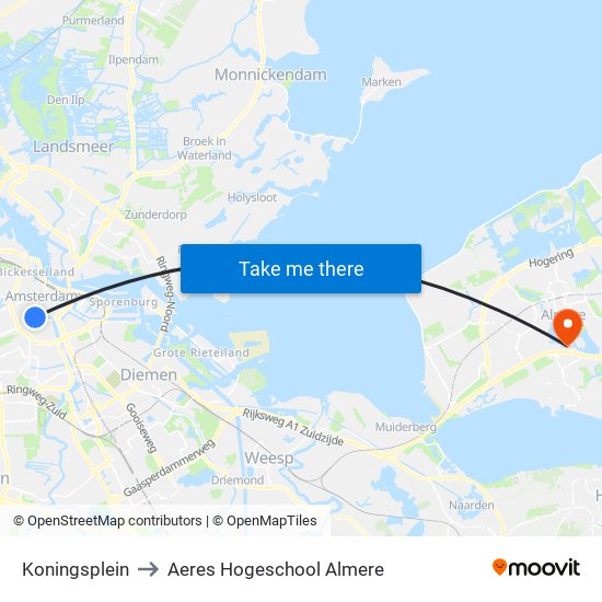Koningsplein to Aeres Hogeschool Almere map