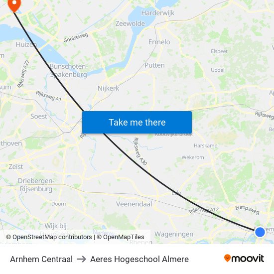 Arnhem Centraal to Aeres Hogeschool Almere map