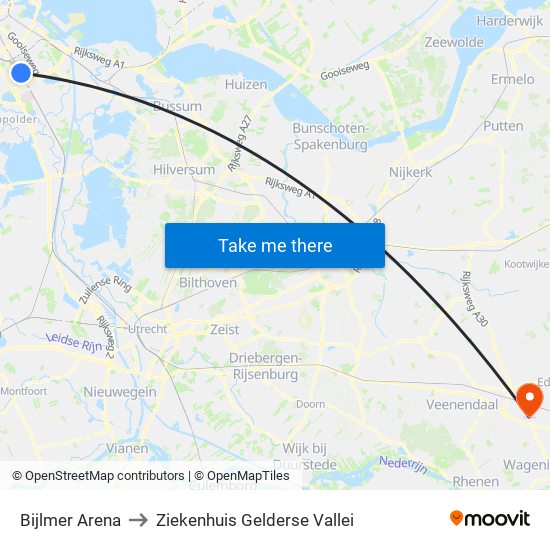 Bijlmer Arena to Ziekenhuis Gelderse Vallei map