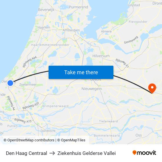 Den Haag Centraal to Ziekenhuis Gelderse Vallei map