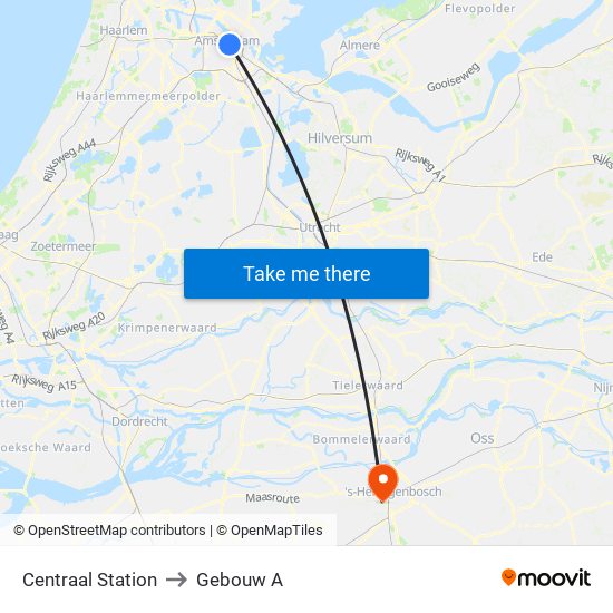 Centraal Station to Gebouw A map