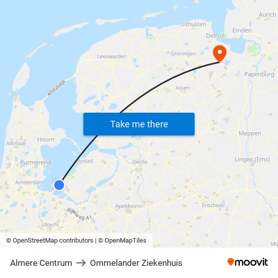 Almere Centrum to Ommelander Ziekenhuis map